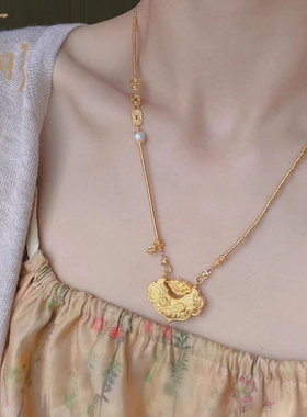 金色锦鲤长命锁包项链复古平安锁吊坠毛衣链送女友情人节七夕礼物