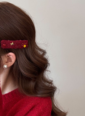 蝴蝶结~红色毛线椭圆发夹法式复古高级感侧边边夹新年氛围感发卡