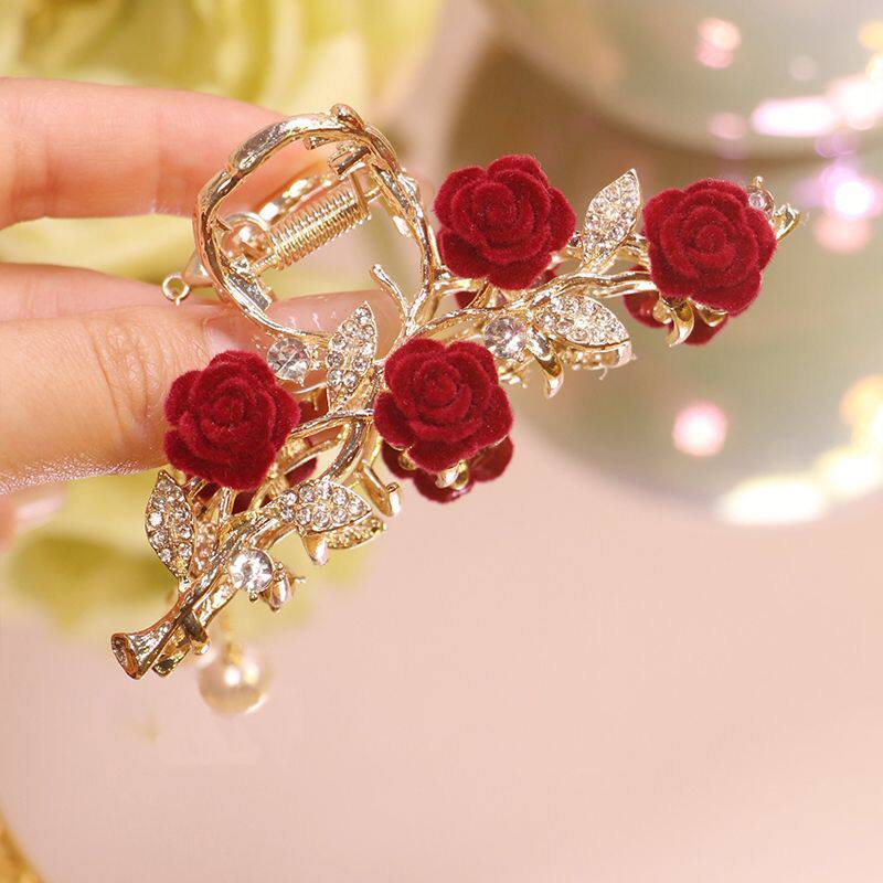 复古红玫瑰闪钻流苏抓夹