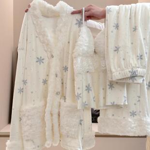 法式2025新款睡衣女秋冬加厚甜美海岛绒带胸垫可外穿三件套家居服