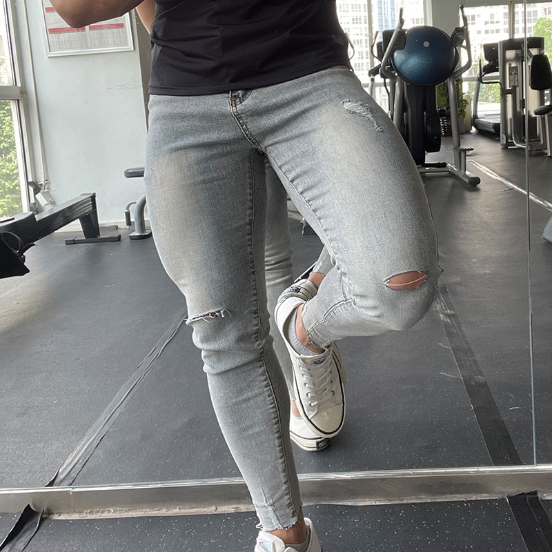 现货原创BERSERK夏季薄款男士显肌肉弹力紧身破洞肌肉男牛仔裤潮