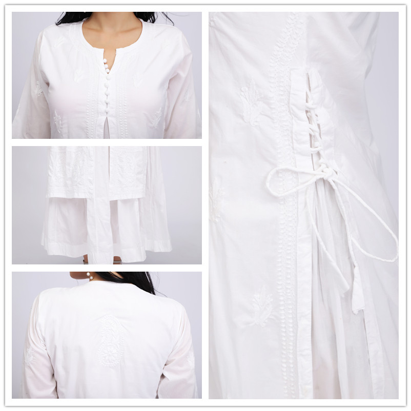 印度进口绣花白色禅修服长袖连衣裙颂钵疗愈服禅舞服飘逸旅游打卡