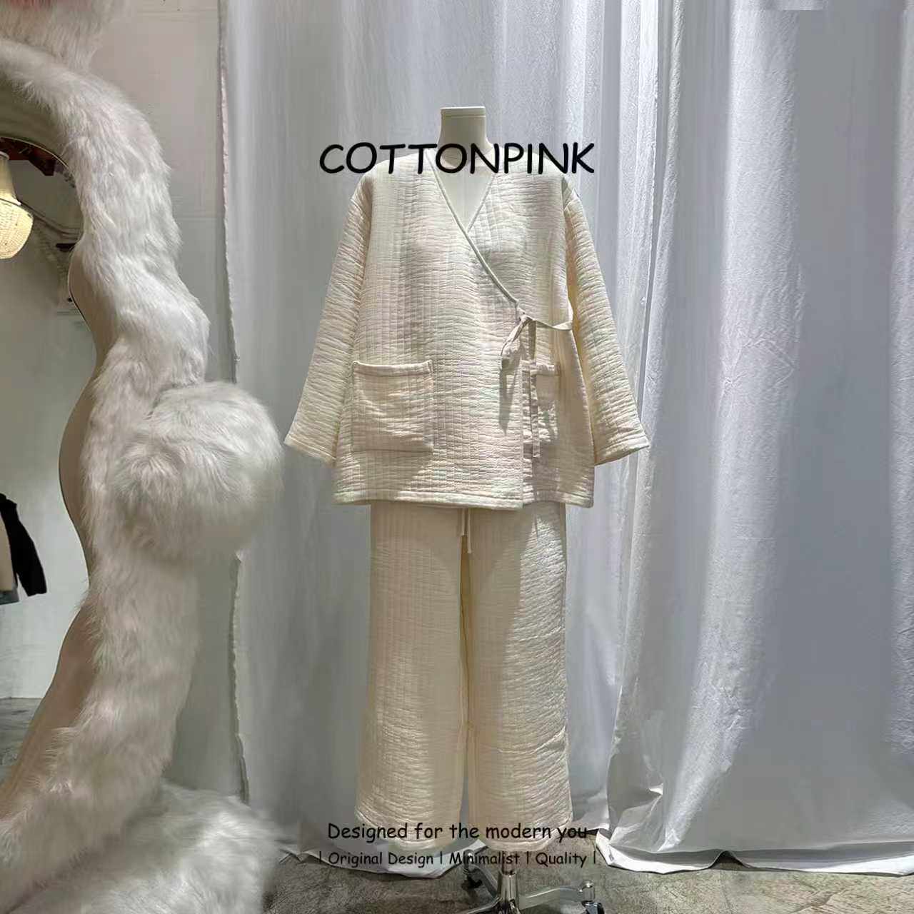 COTTONPINK女装时尚条纹宽松纯色简约秋冬夹薄棉衣服裤子女
