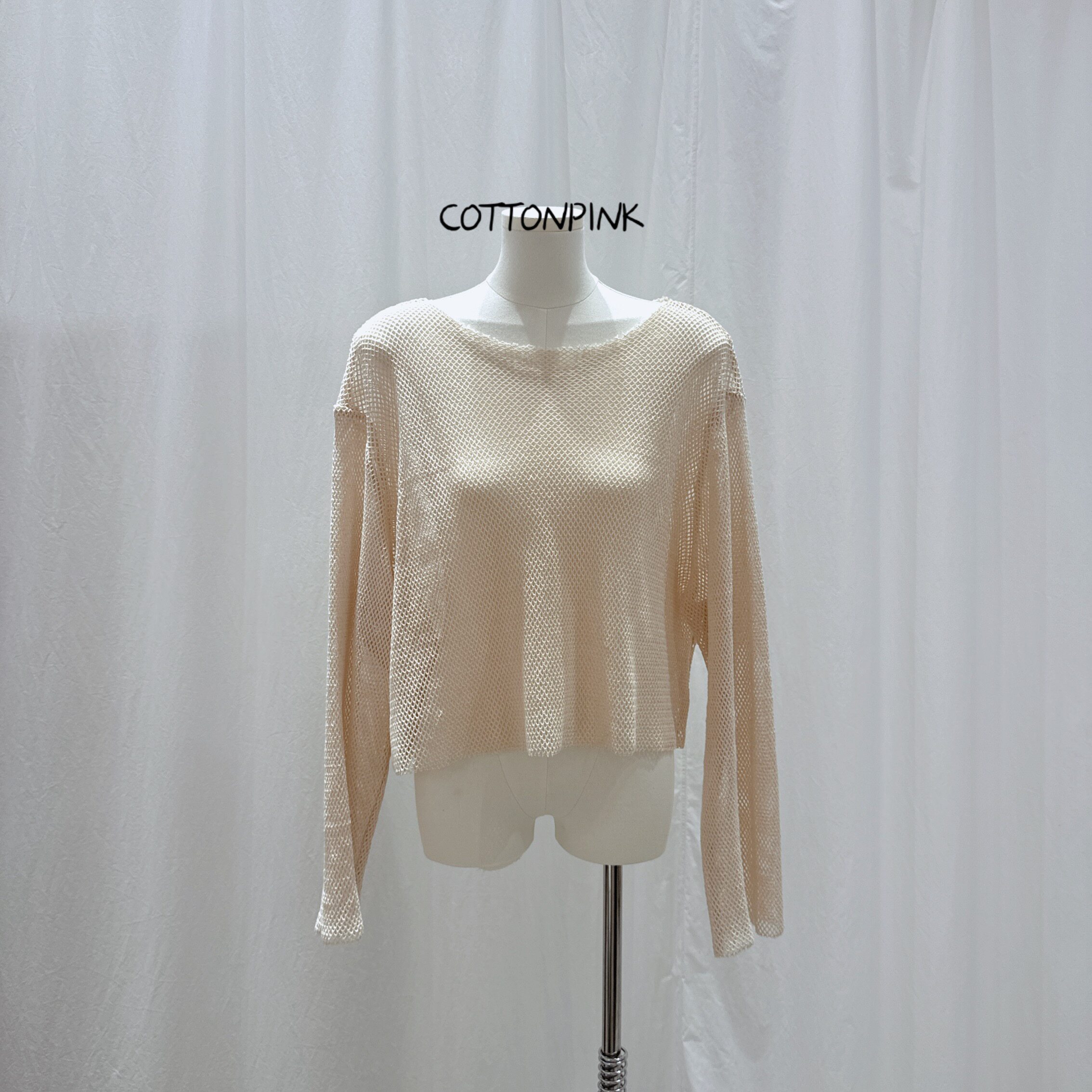 COTTONPINK女装网状长袖T恤宽松潮牌圆领镂空休闲上衣