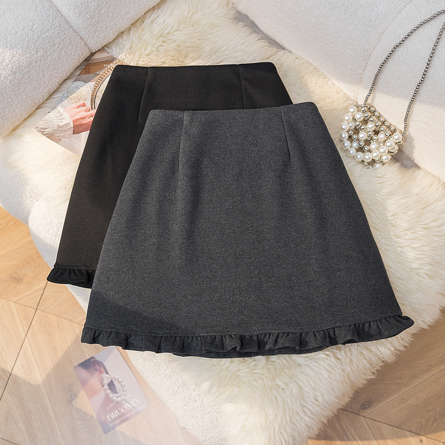 韩系简约气质木耳边毛呢半身裙女秋冬高腰a字包臀裙百搭呢子短裙
