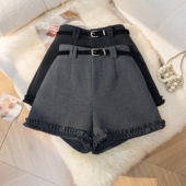 木耳边毛呢短裤 女2025冬季 新品 时尚 显瘦小个子百搭高腰a字阔腿裤