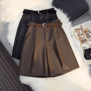 PU绵羊皮短裤女2025秋冬新品高腰显瘦A字阔腿直筒裤休闲五分裤子