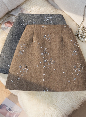 时髦小香风亮闪闪毛呢半身裙女秋冬洋气A字包臀裙显瘦百搭短裙子
