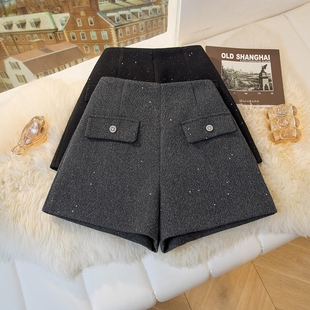 子 显瘦外穿百搭靴裤 小香风亮片毛呢短裤 女2024秋冬高腰a字阔腿裤