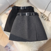 设计感灰色毛呢半身裙女2025秋冬侧开叉高腰A字包臀裙小个子短裙