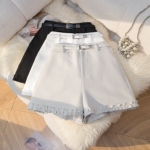 白色木耳边西装短裤女2026年春季显瘦高腰a字阔腿裤百搭休闲裤子