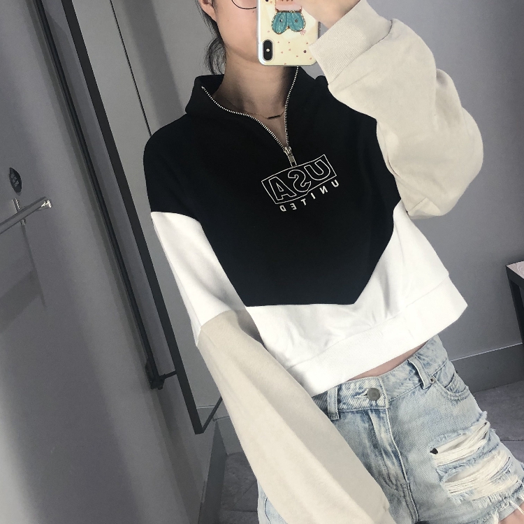 HM&ZQRQ女装2019秋装新款usa图案拉绒立领卫衣短款上衣女0754713