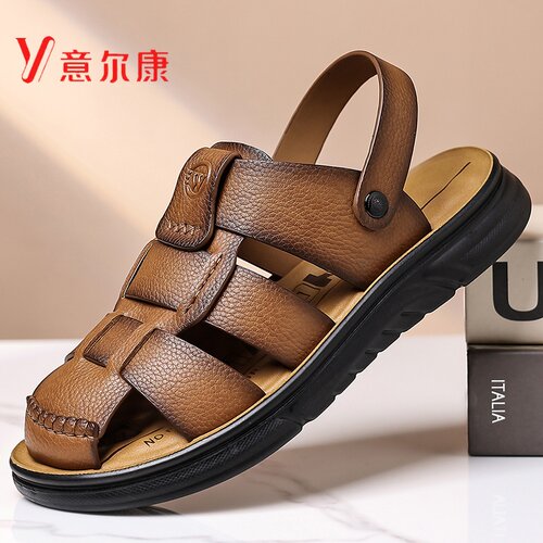 意尔康正品男鞋夏季男士包头沙滩鞋透气牛皮户外软底防滑防臭凉鞋