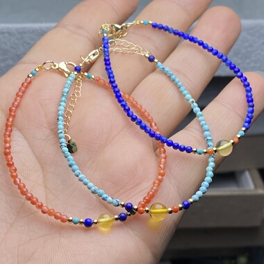 正品天然绿松石南红玛瑙青金石配天然蜜蜡金珀小颗粒女款手链手串