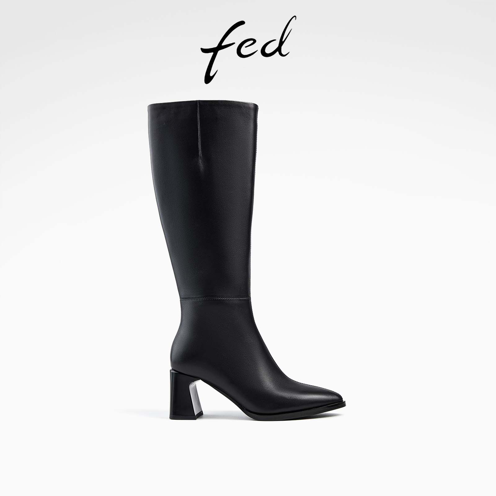 fed黑色骑士靴冬季新款女靴粗高跟时装靴真皮长筒靴女D0923-ZC101