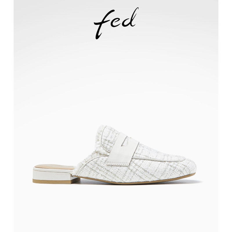 fed羊皮里垫春夏女鞋方头包头低跟平底后空单鞋乐福穆勒半拖鞋女