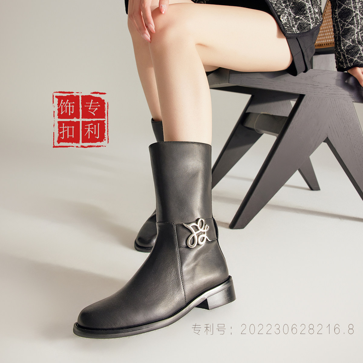 fed真皮靴女鞋秋冬复古圆头粗跟靴子女中筒靴马丁靴西部靴切尔西
