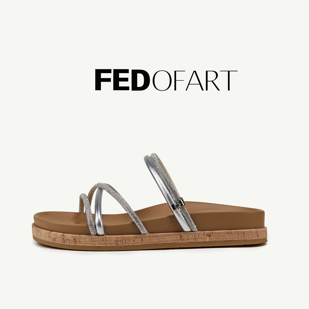 fed羊皮水钻女凉鞋夏平底厚底沙滩溯溪家居一字带凉拖鞋女外穿