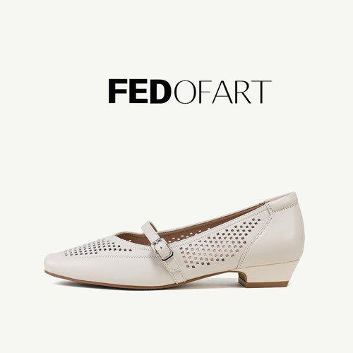 fed【冲孔羊皮】夏季真皮百搭粗跟软底单鞋妈妈鞋通勤玛丽珍鞋女