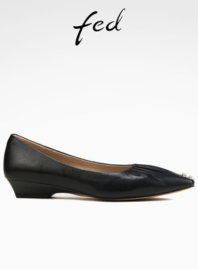 fed小羊皮单鞋春季新款女鞋一脚蹬平底鞋黑色真皮鞋女S0102-ZC756