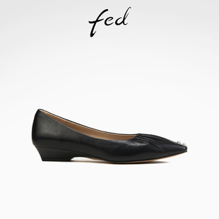 fed小羊皮单鞋春季新款女鞋一脚蹬平底鞋黑色真皮鞋女S0102-ZC756