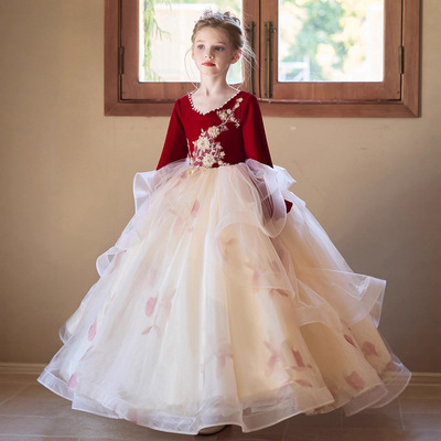 女童礼服高端轻奢小众儿童生日公主裙主持人演出服女孩红色长袖秋