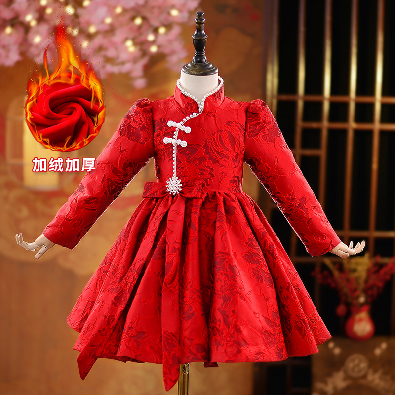 女童旗袍加绒拜年服儿童装汉服唐装中小童女宝公主裙加厚连衣裙子