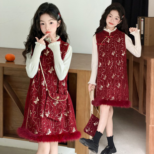 女童富家千金感裙子蝴蝶亮片红色连衣裙拜年服套装冬季加绒背心裙