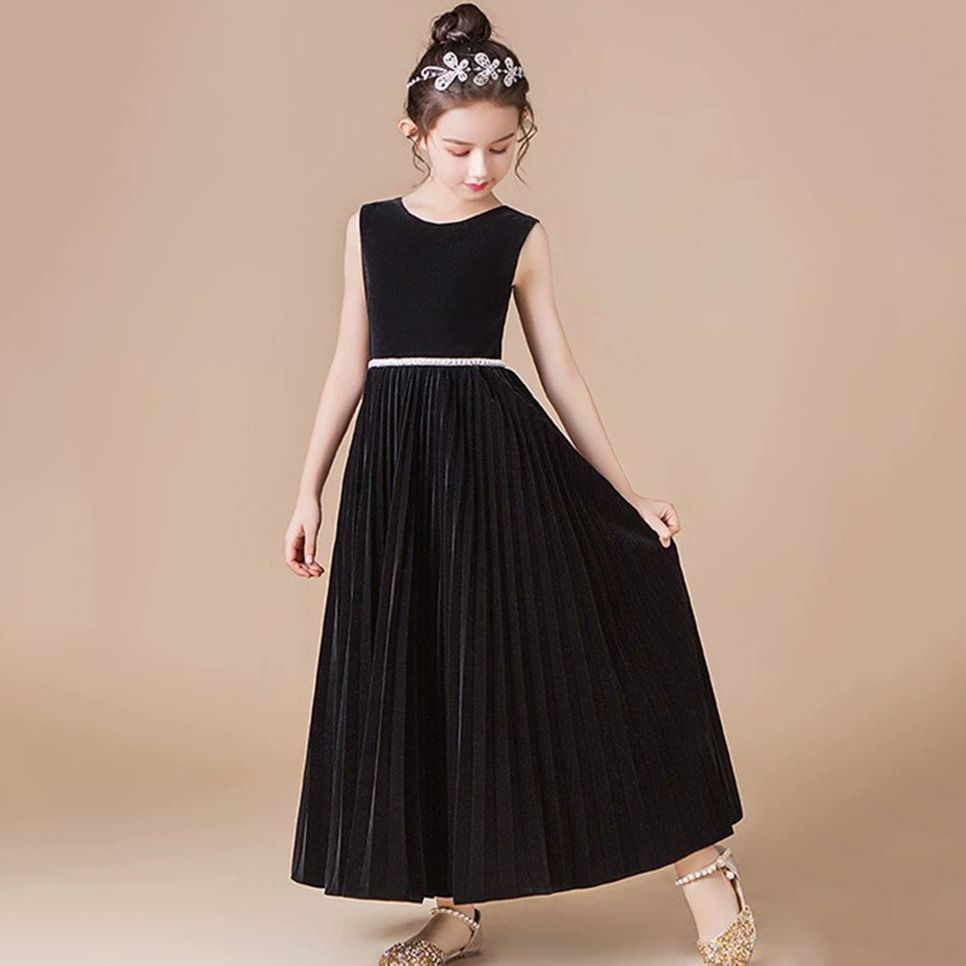 女童晚礼服黑色丝绒公主裙中大童走秀长裙乐团独奏钢琴演出服优雅