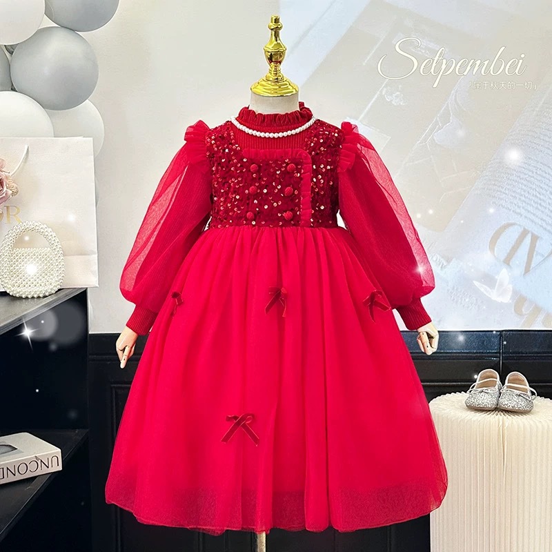 女童连衣裙秋冬洋气红色纱裙儿童加绒生日礼服拜年服时髦亮片裙子