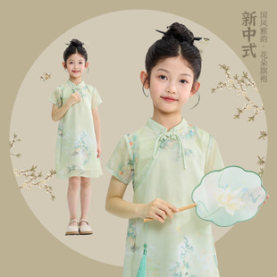 绿色旗袍女童夏季薄款新中式儿童连衣裙国风小女孩演出服日常可穿