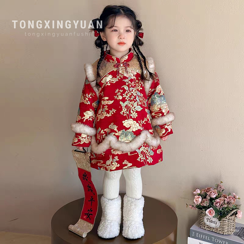 汉服女童拜年服冬装中国风唐装新年旗袍裙子加绒宝宝儿童过年衣服