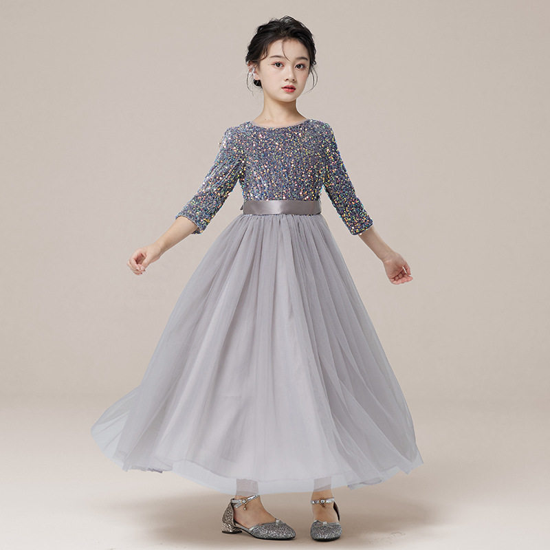 女童音乐会独唱礼服裙儿童钢琴演出服墨绿色中大童主持人礼服走秀图片