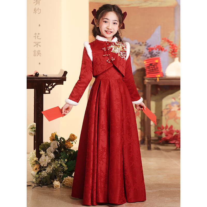 女童旗袍礼服2025新款中国风过年拜年服秋冬加绒加厚款儿童演出服