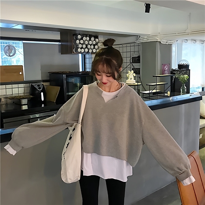 假两件卫衣女2025新款秋季薄款圆领长袖宽松韩版慵懒风卫衣女潮