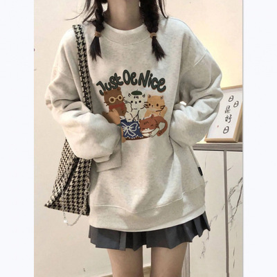 猫咪卫衣女灰色纯棉2025新款圆领可爱甜美秋装宽松加绒加厚重磅潮