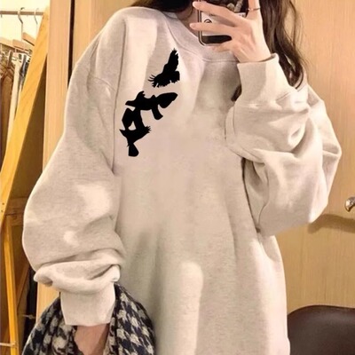 纯棉灰色卫衣女2025新款爆款设计感小众秋薄圆领小个子冬加绒加厚