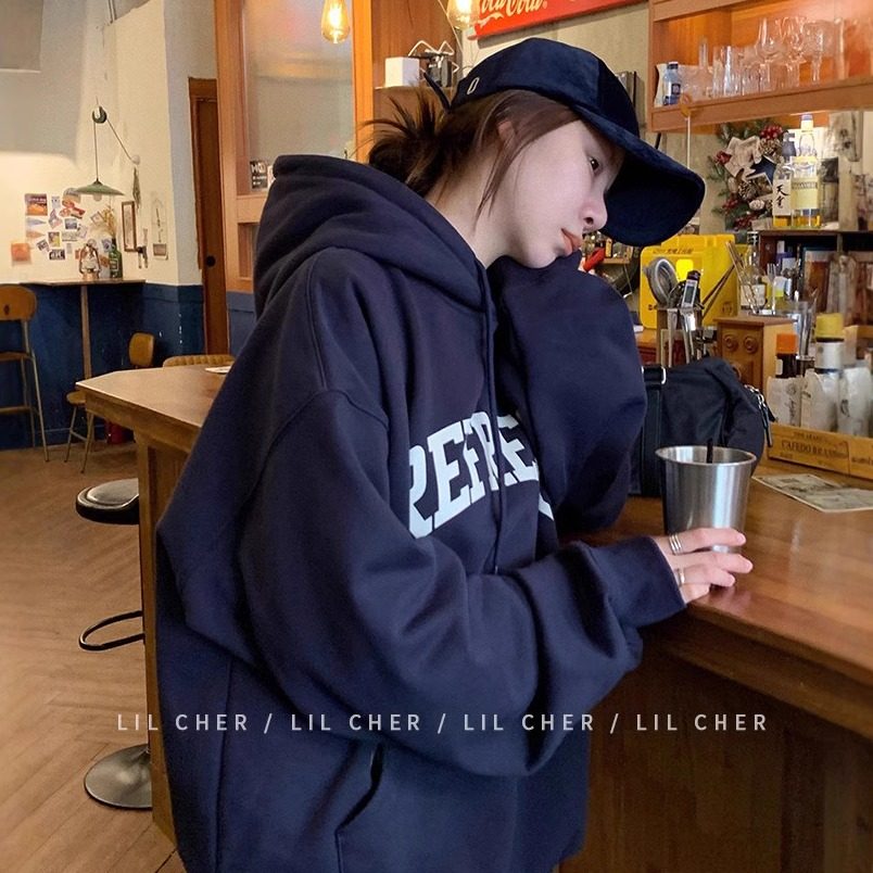 藏蓝色连帽卫衣女2025新款秋卫衣/绒衫