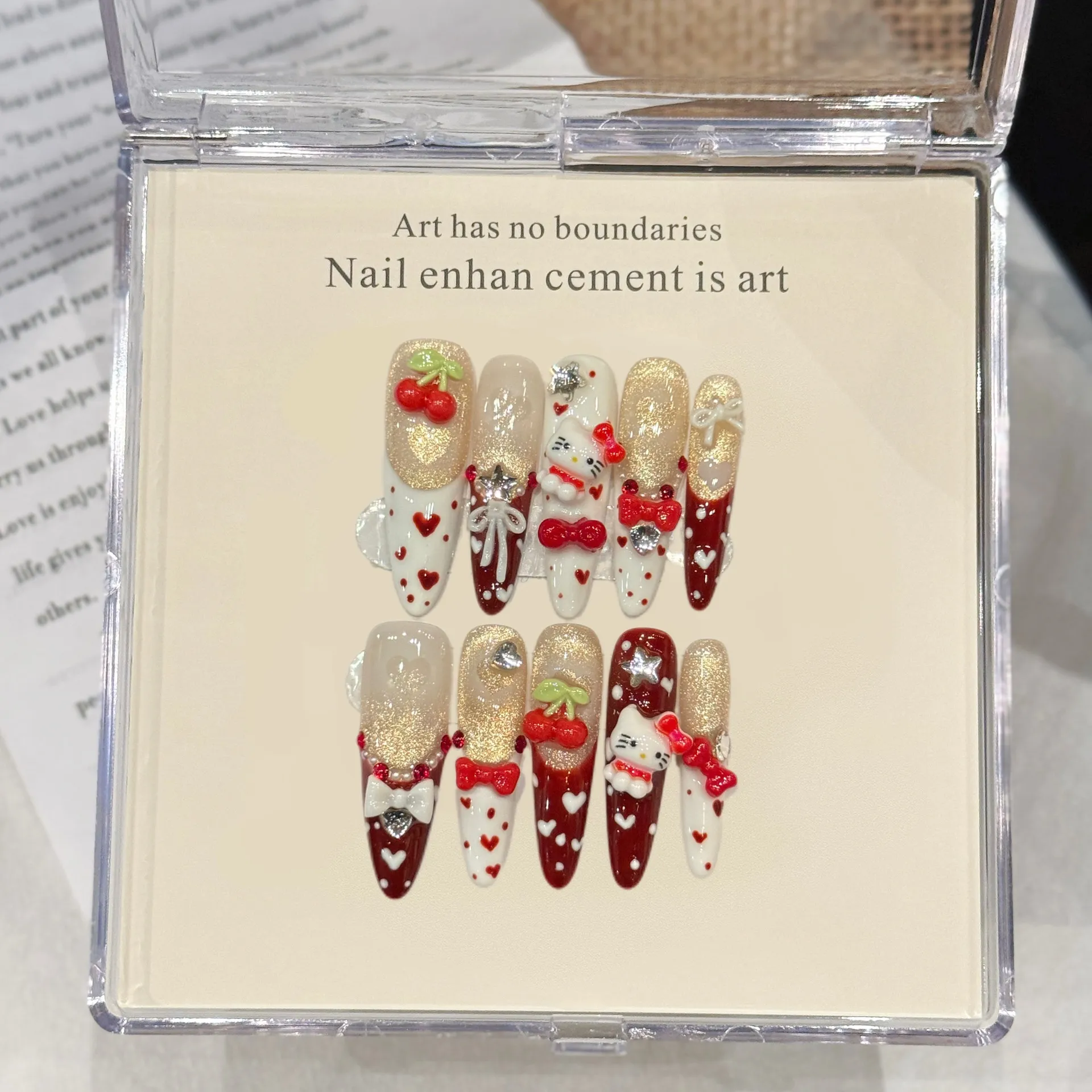 ADORE实拍穿戴甲红色小咪卡通可爱甜美猫咪心樱桃新年氛围美甲