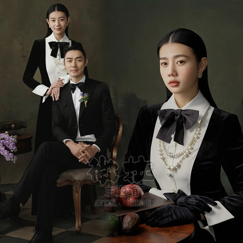 新款影楼复古主题服装油画风轻婚纱摄影写真法式黑色鱼尾丝绒礼服