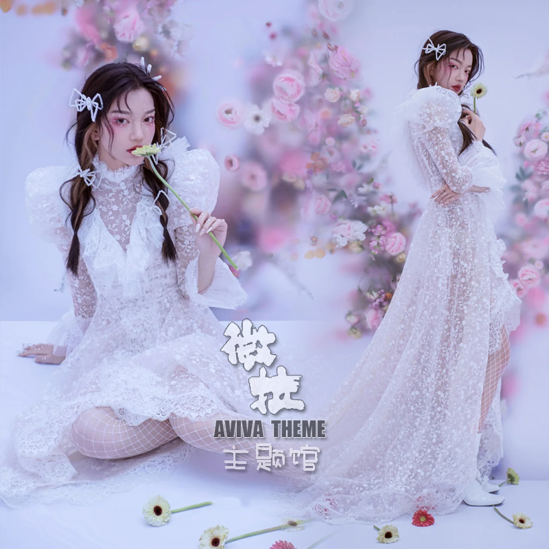Fresh lace wedding dress suitable for photo sessions, season 2021, puff sleeves, V-neckline Fresh lace wedding dress suitable for photo sessions, season 2021, puff sleeves, V-neckline