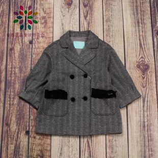 Q系列品牌童装折扣小中童女宝宝秋冬装黑色学院派翻领休闲大衣