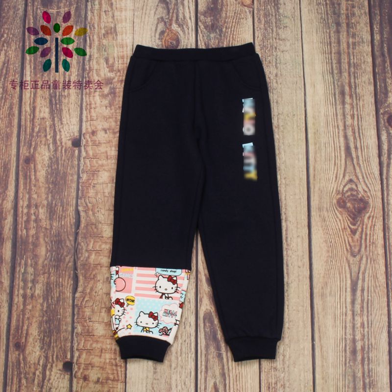 KT品牌童装折扣小中大女童2023冬收腿加绒宝蓝色运动针织长裤潮