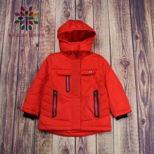 三点*品牌童装折扣小中大女童冬连帽休闲红色中长款羽绒服外套潮