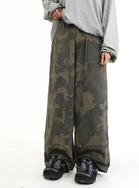 TRIFFER26ss迷彩工装长裤复古菱格贴布补丁男女款