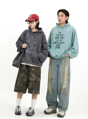 TRIFFER26ss春季连帽印花卫衣成衣染色磨破做旧男女款