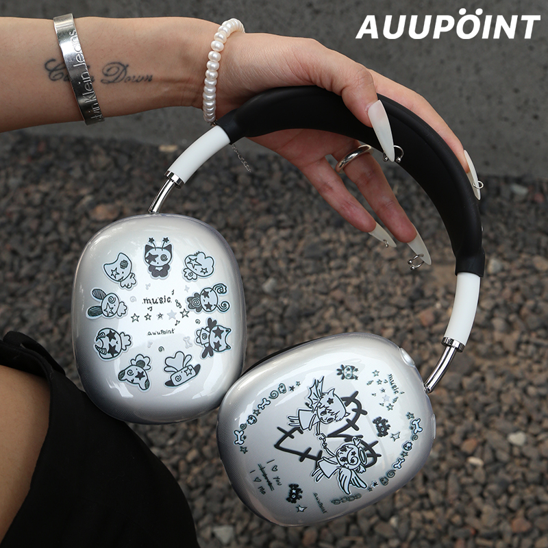 auupoint原创适用于Airpodsmax2简约头戴耳机壳小天使黑白卡通手绘情侣苹果耳机保护套潮酷硅胶软壳透明软壳