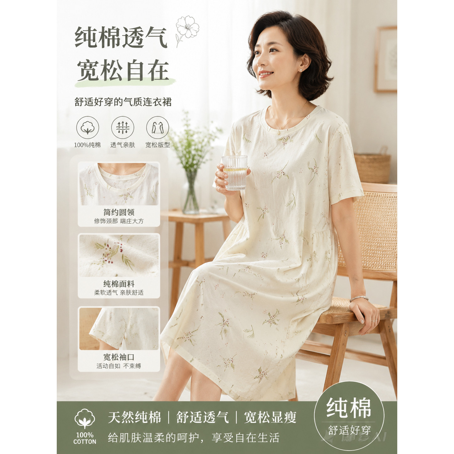 顶瓜瓜纯棉夏季花卉可外穿睡裙