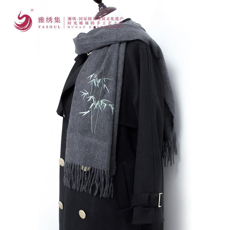 湘绣手工绣花刺绣纯羊绒围巾冬季男女保暖加厚围脖送礼