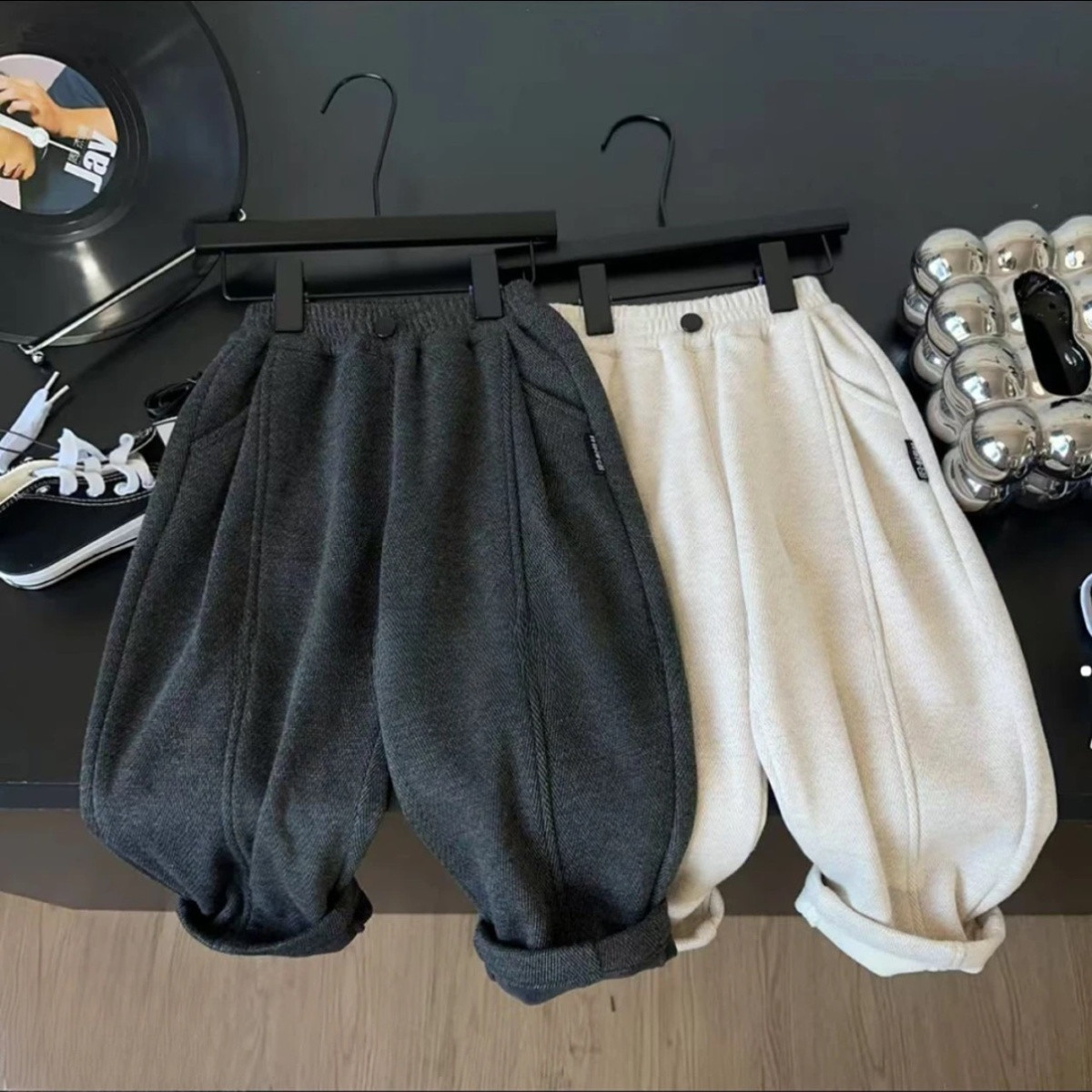 女童秋冬加绒毛呢阔腿长裤新款